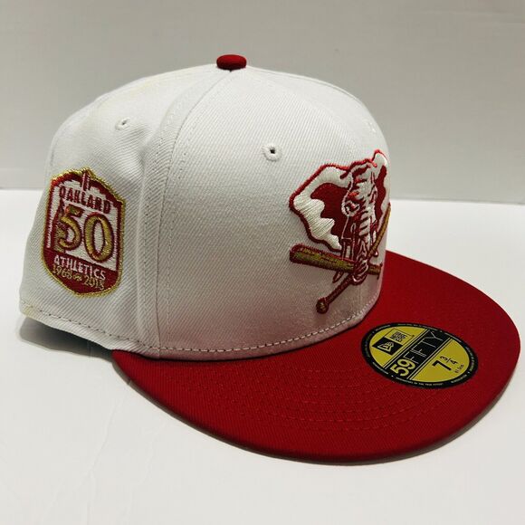Oakland Athletics New Era Elephant Fitted Hat Cap 59FIFTY Sz 7 3/4 White Red - Picture 2 of 7